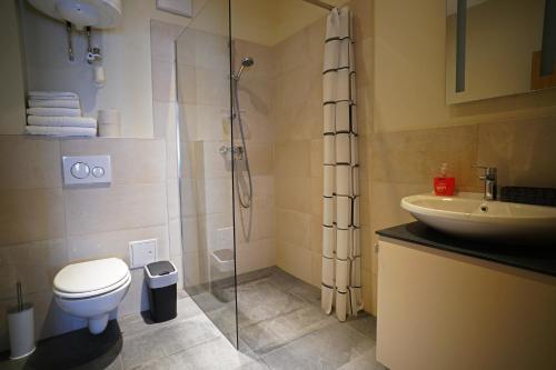 维也纳新城Nava Motel & Storage的带淋浴、卫生间和盥洗盆的浴室