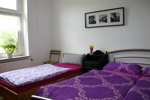 埃内佩塔尔Am Buchenberg的紫色床单的客房内的两张床