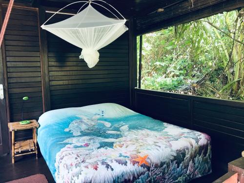 Uoleva Island宁静海滩度假酒店的窗户客房内的一张床位