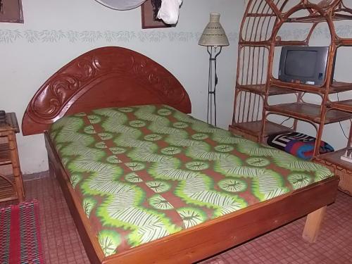 KafountineCouleur Café的一张带绿色棉被的床和一台电视