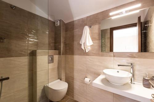 OrthésAnatoli Villa, Tranquil Retreat, By ThinkVilla的一间带水槽、卫生间和镜子的浴室