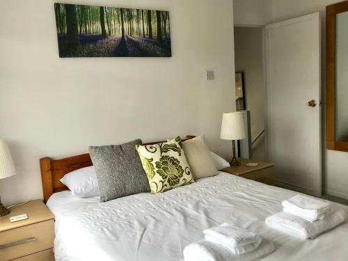 牛津The Woodfarm Lodge - 3 Bedroom House with free Parking的卧室配有白色的床和2个枕头