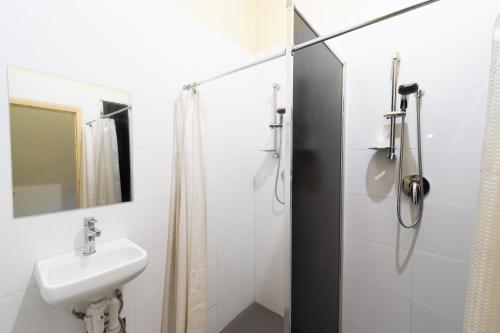 珀斯myOZexp Aberdeen Lodge的白色的浴室设有水槽和淋浴。