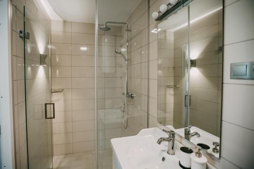 采西斯Garden Apartment的一间带水槽和淋浴的浴室