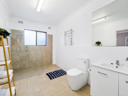 福斯特Myley's Flat的浴室配有卫生间、盥洗盆和淋浴。
