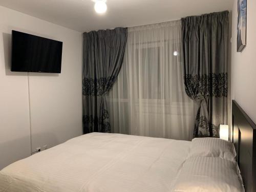 布加勒斯特Apartament Cristina的一间卧室设有一张床和一个带电视的窗户。