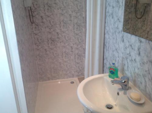 基尔马诺克The Clan Macfarlane Apartment的浴室配有白色水槽和淋浴。