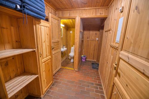 弗罗达尔Vrådal Hyttegrend的一间带木墙和卫生间的浴室