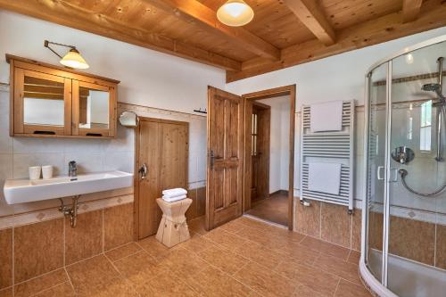 格伦BEIM MOSER Apartments的一间带水槽、淋浴和卫生间的浴室