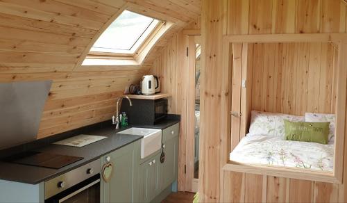 FinstownLilly's Lodges Orkney Butterfly Lodge的小木屋内的小厨房配有床