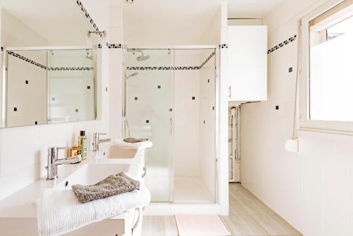 兰斯REIMS LA ROMAINE的带淋浴和盥洗盆的白色浴室