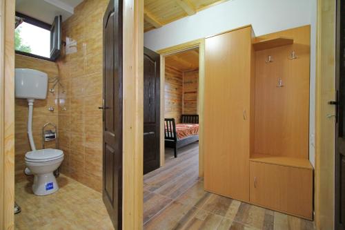 JevtićiTara lake apartments的一间带卫生间的浴室和一间卧室