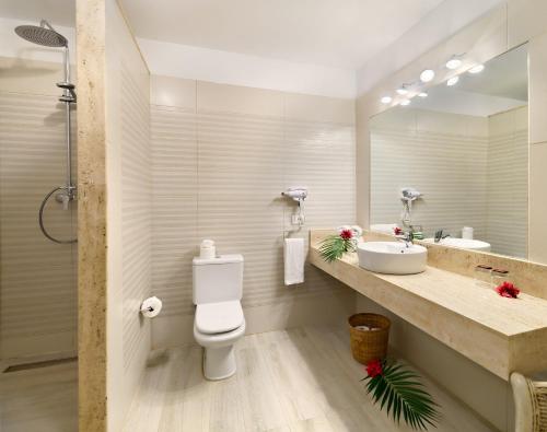 美洲海滩大绿洲度假酒店的一间带卫生间、水槽和镜子的浴室