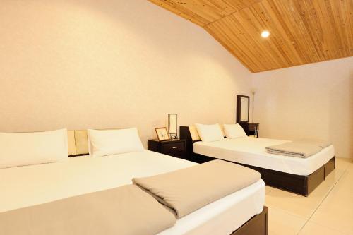 美浓湖美茵民宿的一间卧室设有两张床和木制天花板