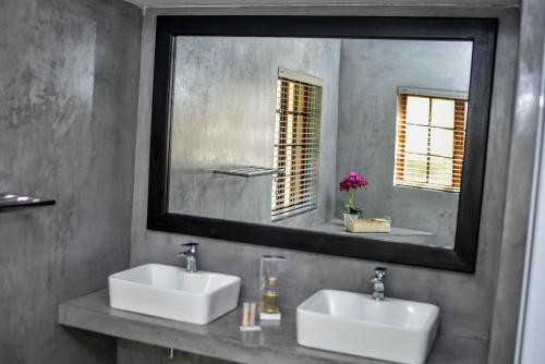 路易特里哈特Clivia Lodge的一间带两个盥洗盆和大镜子的浴室