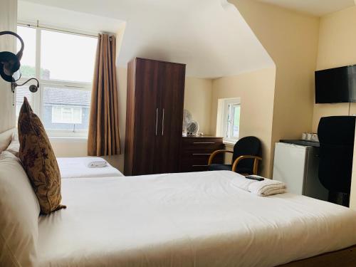 泰晤士河畔金斯顿Albert Guest House的酒店客房设有两张床和窗户。