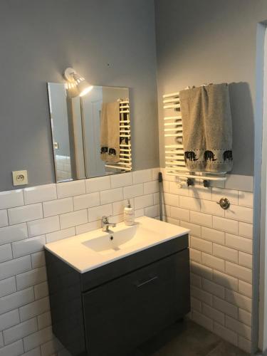 普沃茨克Klimatyczne mieszkanie na Starym Mieście的浴室配有盥洗盆、镜子和毛巾