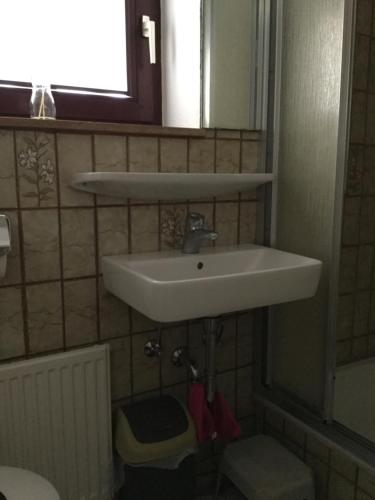 比勒费尔德20 Pellaweg Ferienwohnung的浴室设有白色水槽和镜子