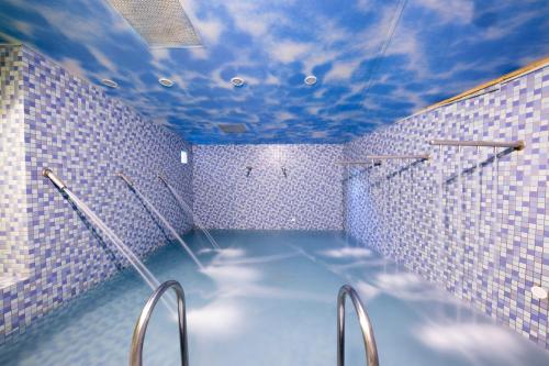 台东娜路弯花园酒店 的蓝色瓷砖浴室设有蓝色天花板和淋浴
