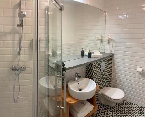 巴尔代约夫B&B ALIBI的一间带水槽、淋浴和卫生间的浴室