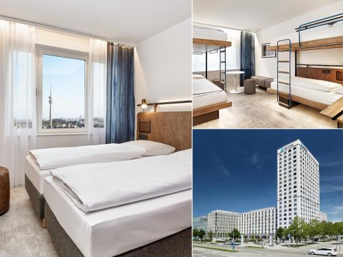慕尼黑H2 Hotel München Olympiapark的一张带床铺的酒店客房和城市的两张照片