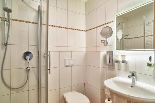 基普芬贝格祖姆布拉恩赫克特酒店的带淋浴、卫生间和盥洗盆的浴室