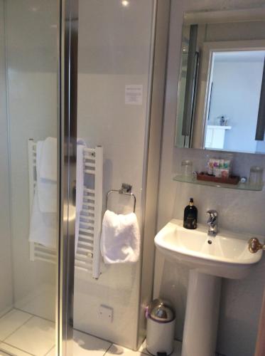 因弗内斯芙兰宾馆的白色的浴室设有水槽和淋浴。