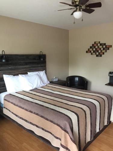 纳尔逊堡卡斯北部套房汽车旅馆的一间卧室配有一张大床和吊扇