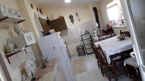 斯雷姆斯基卡尔洛夫奇Guest House Jevtović的厨房配有桌子、冰箱和桌椅