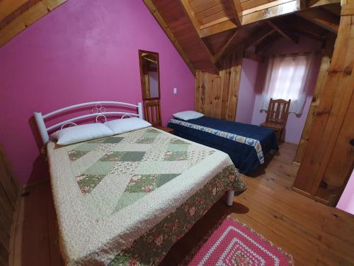 PainelPousada Canto de Pássaros的一间卧室设有两张床和紫色的墙壁