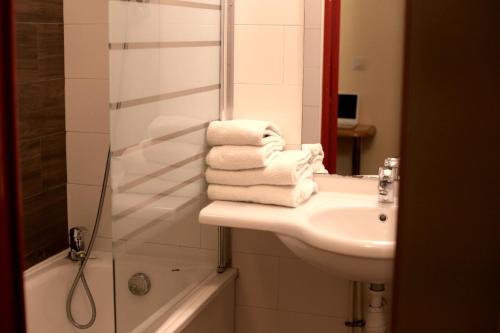 弗雷讷Euro Hôtel Airport Orly Rungis的浴室配有水槽、淋浴和毛巾