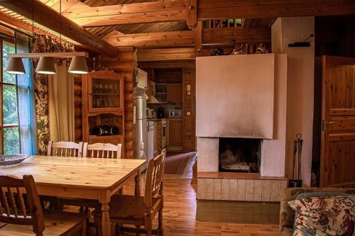 HollolaVilla Omena at MESSILA ski & camping的厨房以及带桌子和壁炉的用餐室。