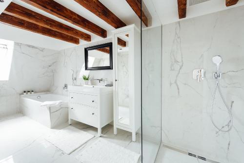 特伦钦Loft v historickom centre的带淋浴和卫生间的白色浴室