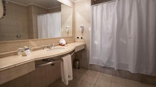 圣米格尔·德·图库玛图库曼中心商务套房酒店的一间带水槽和淋浴帘的浴室