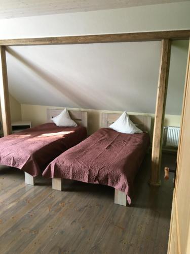 StaiceleKrūmiņmāja的两张睡床彼此相邻,位于一个房间里