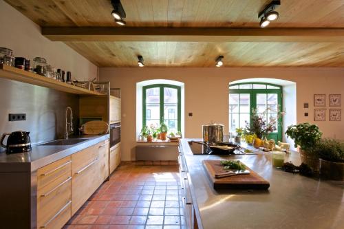 皮塞克Statek Topělec Appartman I的大型厨房设有木制天花板和台面