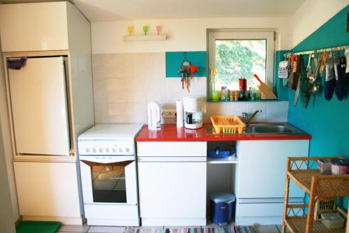 格伦德尔湖斯特弗勒尔公寓酒店的小厨房配有白色炉灶和水槽