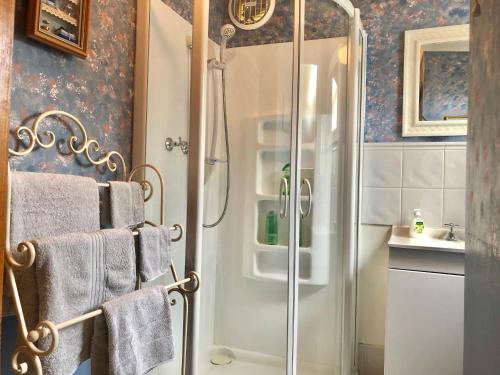 Kingston BeachRecreation Cottage的浴室里设有玻璃门淋浴