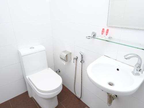 关丹Elite Hotel的白色的浴室设有卫生间和水槽。