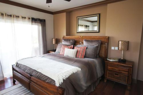 维约堡Emerald Vista Villa的卧室配有一张大床,墙上装有镜子