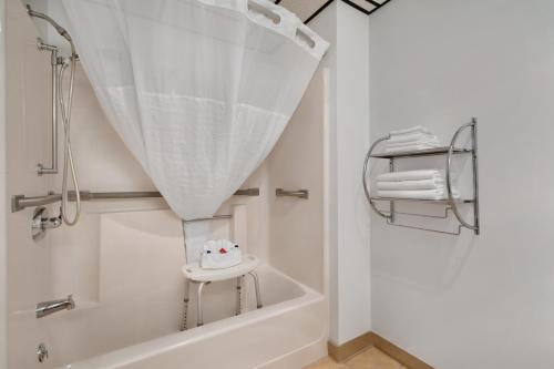 卡斯特卡斯特疯马区速8酒店的浴室配有浴缸和淋浴及浴帘