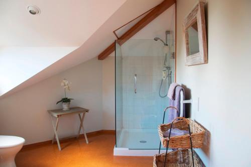 Mahinepua怀瓦里埃海岸农场旅馆的阁楼上带玻璃淋浴间的浴室