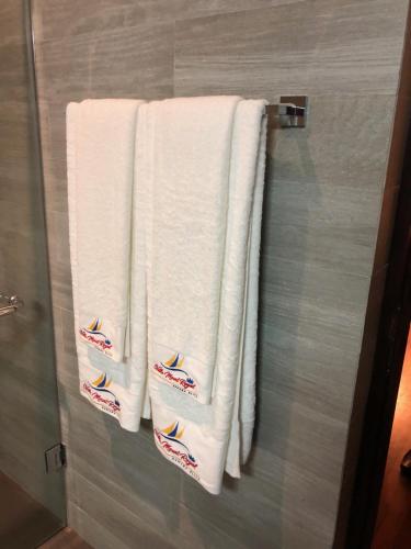 努沃勒埃利耶皇家山别墅酒店的浴室毛巾架上挂着三条毛巾