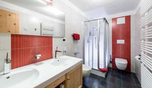 科尔福索Ciasa Roenn的一间带水槽、卫生间和淋浴的浴室
