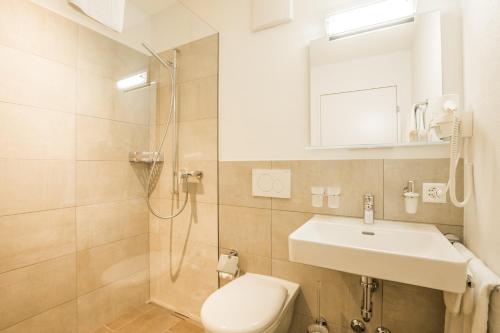 Flums斯霍恩哈顿贝格酒店的浴室配有卫生间、盥洗盆和淋浴。