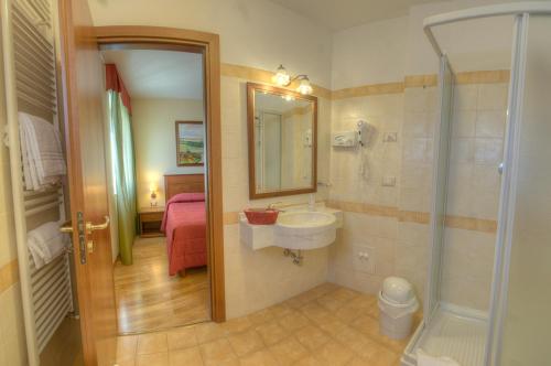 佩斯卡塞罗利Hotel Garnì Posta的一间带水槽、淋浴和镜子的浴室