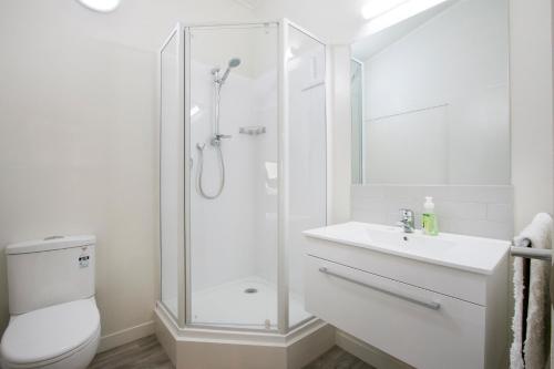 卡蒂卡蒂Hydrangea Cottage的带淋浴、卫生间和盥洗盆的浴室