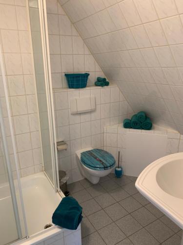 勒讷Ferienwohnung am Bramschebach的一间带卫生间和水槽的小浴室