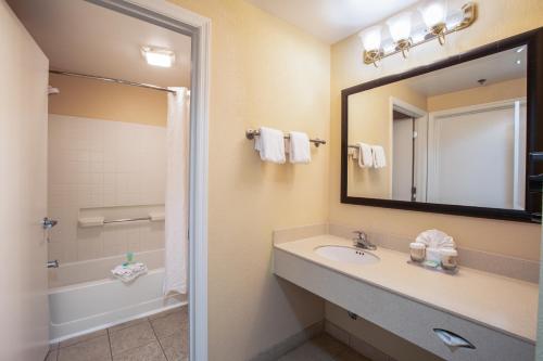 奥兰多奥兰多环球影城附近I大道天空套房公寓的浴室配有盥洗盆、镜子和浴缸