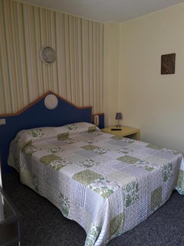 索恩河畔沙隆雅克拜斯酒店的一间卧室配有一张床铺,床上有毯子
